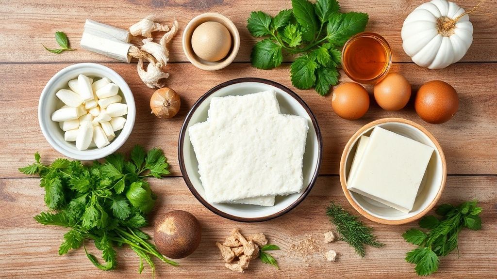 Visão de cima dos ingredientes do bolo de tapioca organizados em bancada de madeira, como tapioca granulada, coco ralado e leite de coco.