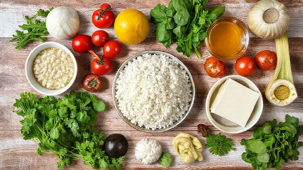 Visão de cima com ovos, bananas, farinha, chocolate e canela organizados em uma bancada de madeira clara.