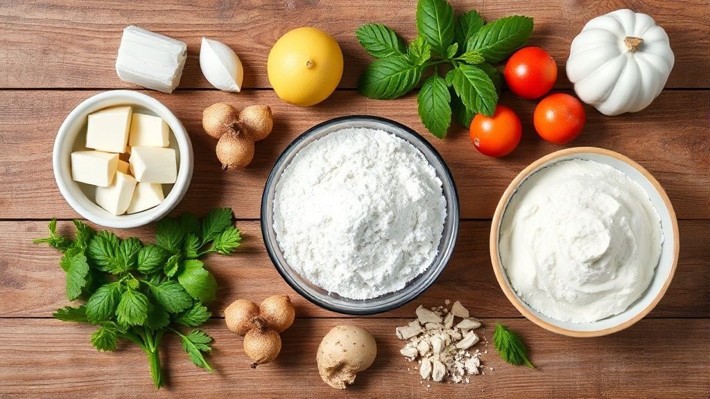 Visão de cima mostrando os ingredientes do bolo organizados na bancada