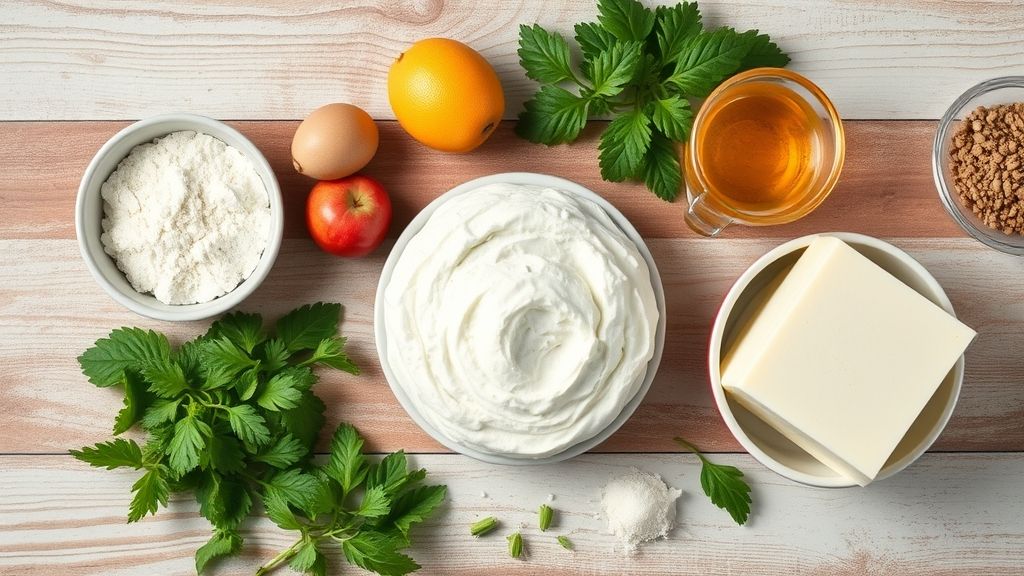 Ingredientes organizados sobre bancada de madeira com ovos, açúcar e amido de milho