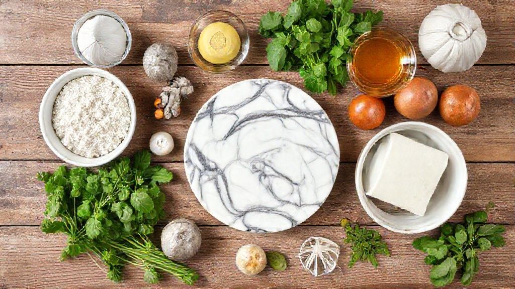 Visão de cima com os ingredientes do bolo mármore organizados em bancada de madeira rústica