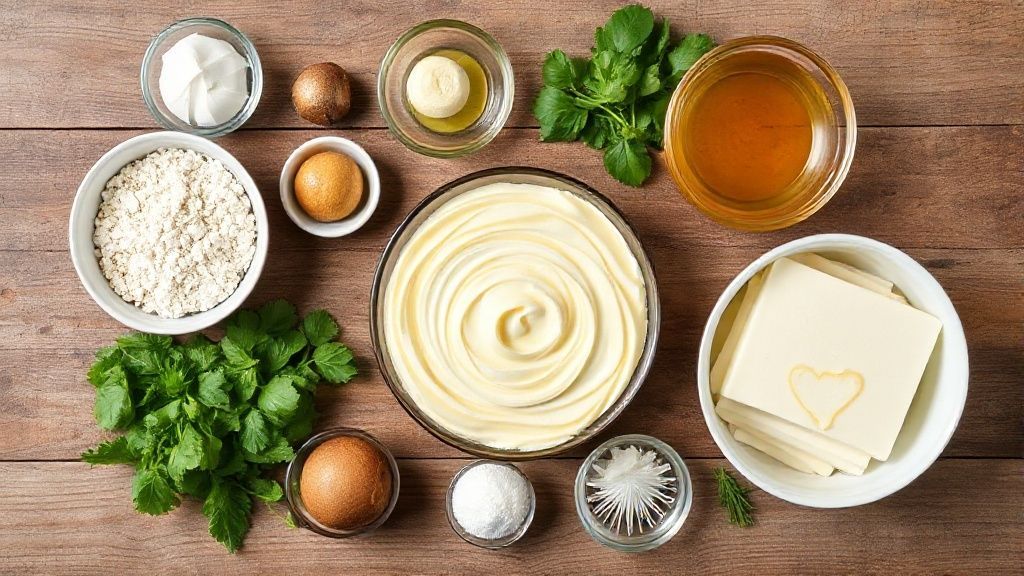 Visão de cima dos ingredientes para o bolo mesclado dispostos em uma bancada de madeira