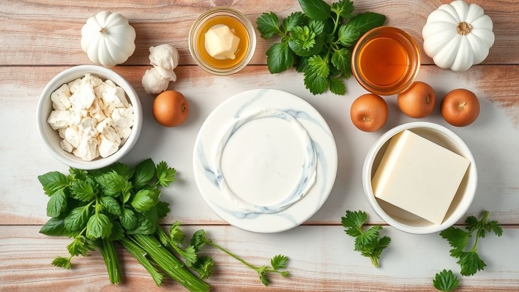 Visão de cima dos ingredientes dispostos em uma bancada de madeira: ovos, farinha, açúcar, leite, óleo e chocolate em pó.