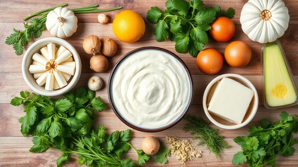 Ingredientes do bolo organizados sobre bancada de madeira, com ovos, leite condensado, coco e leite de coco