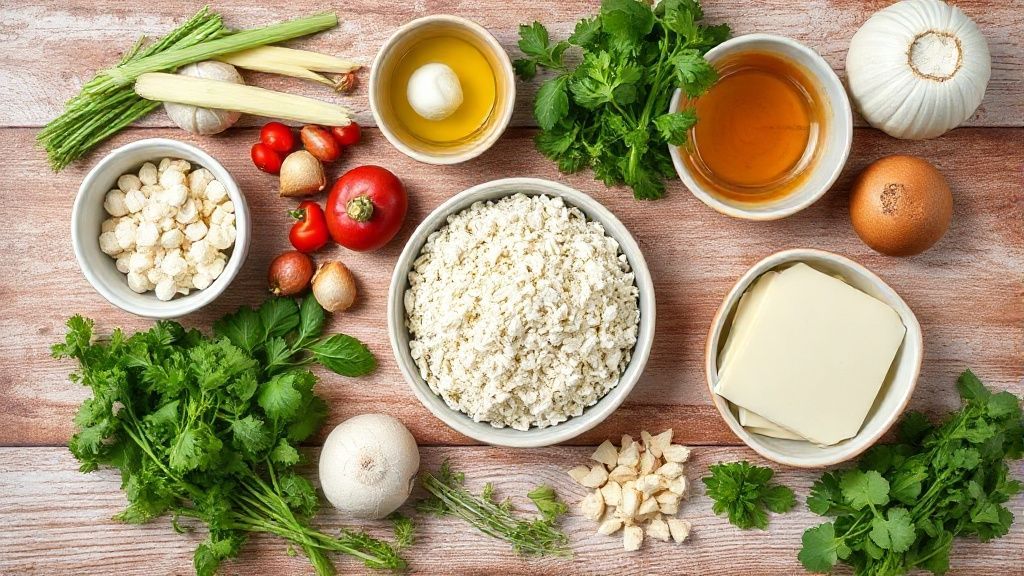 Ingredientes separados em tigelas sobre uma bancada, com ovos, tapioca, maisena, leite, milho e presunto colorindo a cena