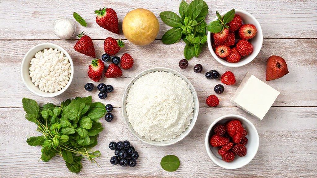 Visão de cima com frutas vermelhas, ovos, aveia e demais ingredientes dispostos em uma bancada rústica