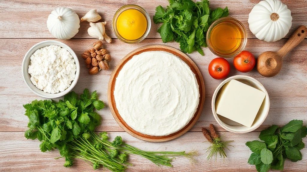 Visão de cima com farinha de arroz, ovos, iogurte, açúcar demerara e fermento organizados em tigelas sobre bancada de madeira