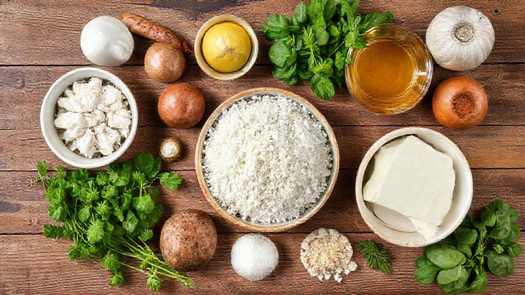 Visão de cima com os ingredientes do bolo segura marido organizados sobre bancada de madeira clara