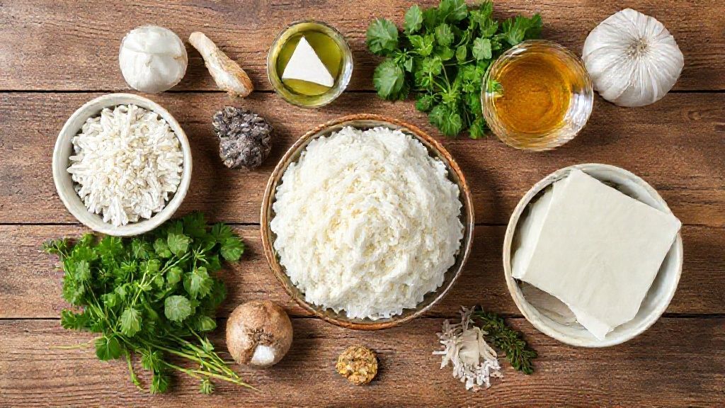 Visão de cima com os ingredientes da receita organizados em uma bancada de madeira