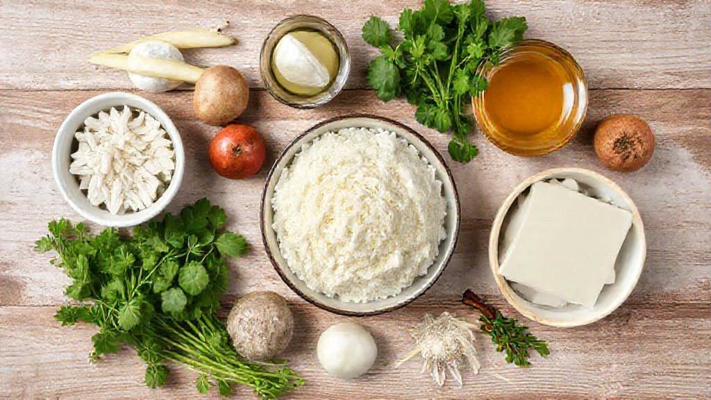 Vista superior dos ingredientes medidos e organizados em tigelas sobre bancada de madeira clara