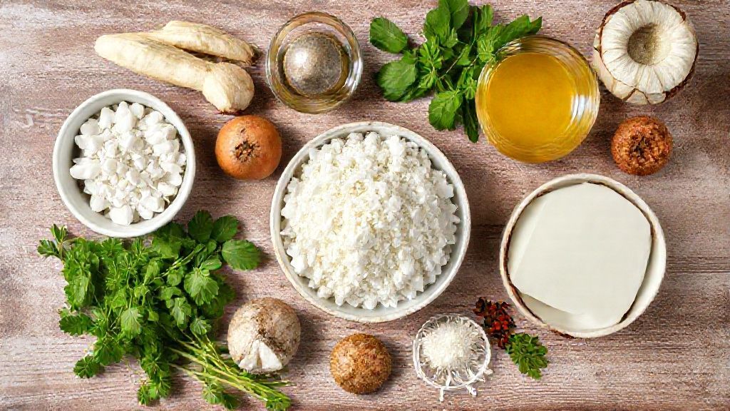 Visão de cima mostrando ingredientes como farinha, ovos, leite, coco ralado e leite condensado dispostos em tigelas sobre bancada de madeira.