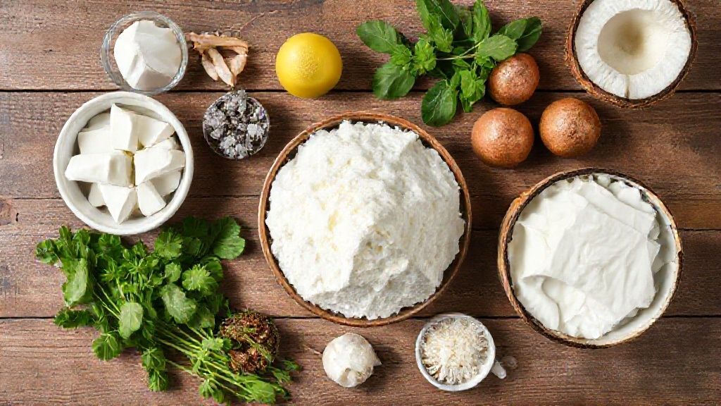 Ingredientes da receita separados e organizados em bancada de madeira rústica