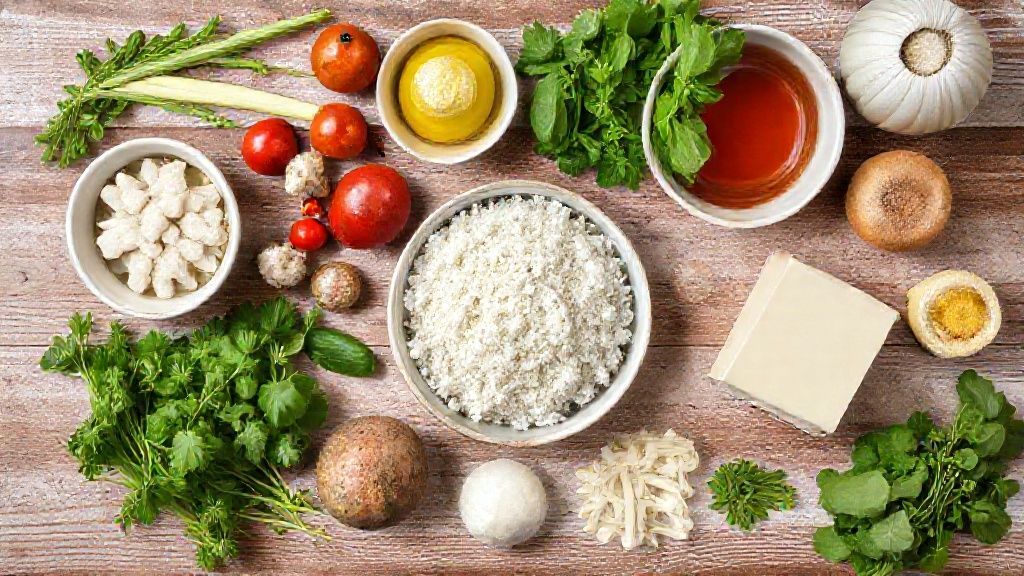 Vista superior com ingredientes medidos como farinha, ovos, leite, queijo e presunto sobre bancada de madeira