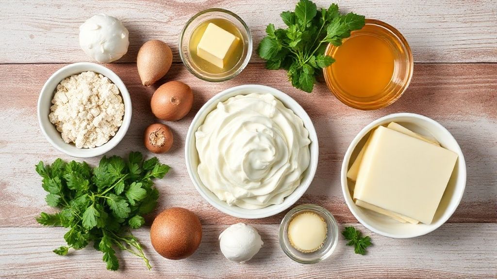 Ingredientes organizados sobre bancada de mármore, incluindo manteiga, ovos, farinha e doce de leite