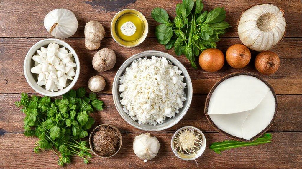 Visão de cima com mandioca ralada, ovos, coco em flocos, manteiga, leite e açúcar organizados sobre bancada de madeira