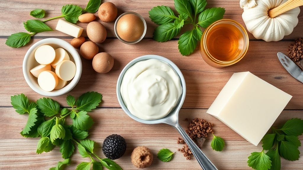 Visão de cima com os ingredientes do brigadeiro dispostos em uma bancada de mármore
