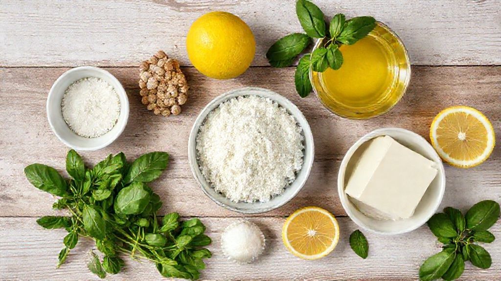 Ingredientes do brigadeiro de limão sem açúcar organizados em tigelas sobre bancada de mármore