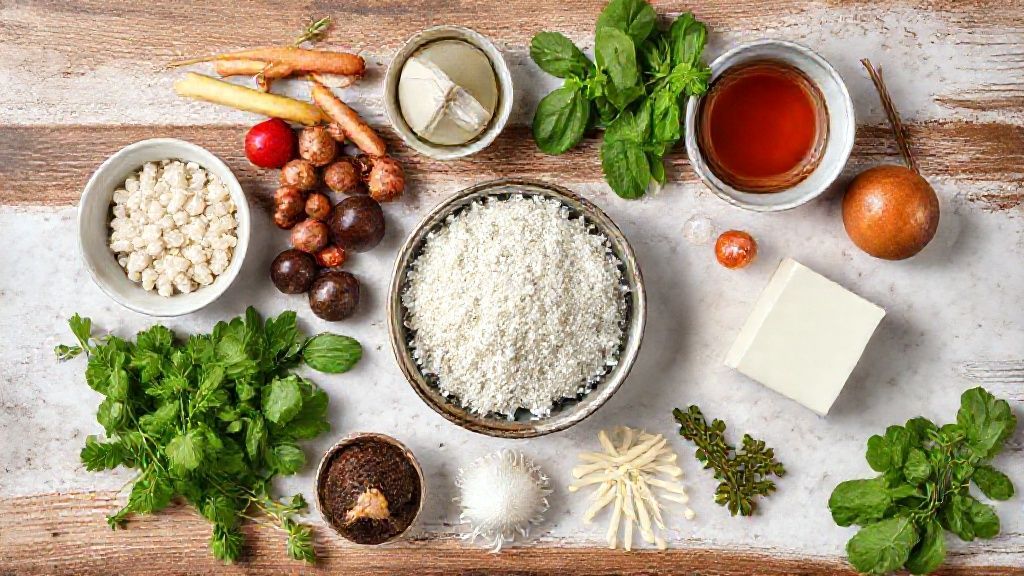 Visão de cima mostrando leite condensado, chocolate em pó, manteiga e granulado organizados em uma bancada