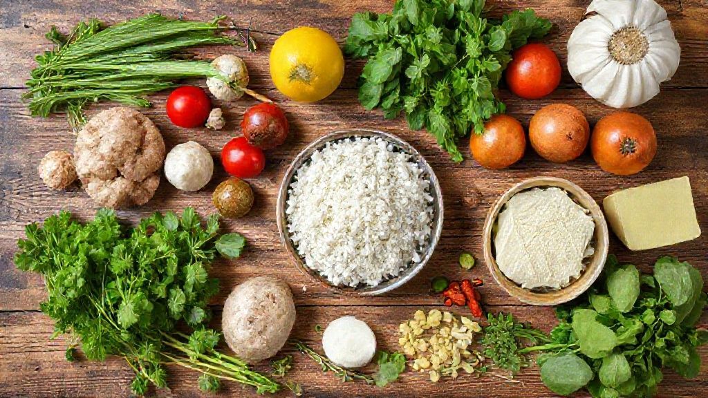 Ingredientes medidos e organizados sobre bancada de madeira: fubá, farinha, ovos, manteiga, açúcar e goiabada ao centro.