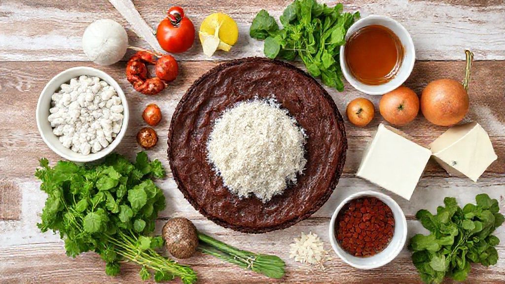 Visão de cima com os ingredientes do brownie organizados sobre uma bancada de madeira.