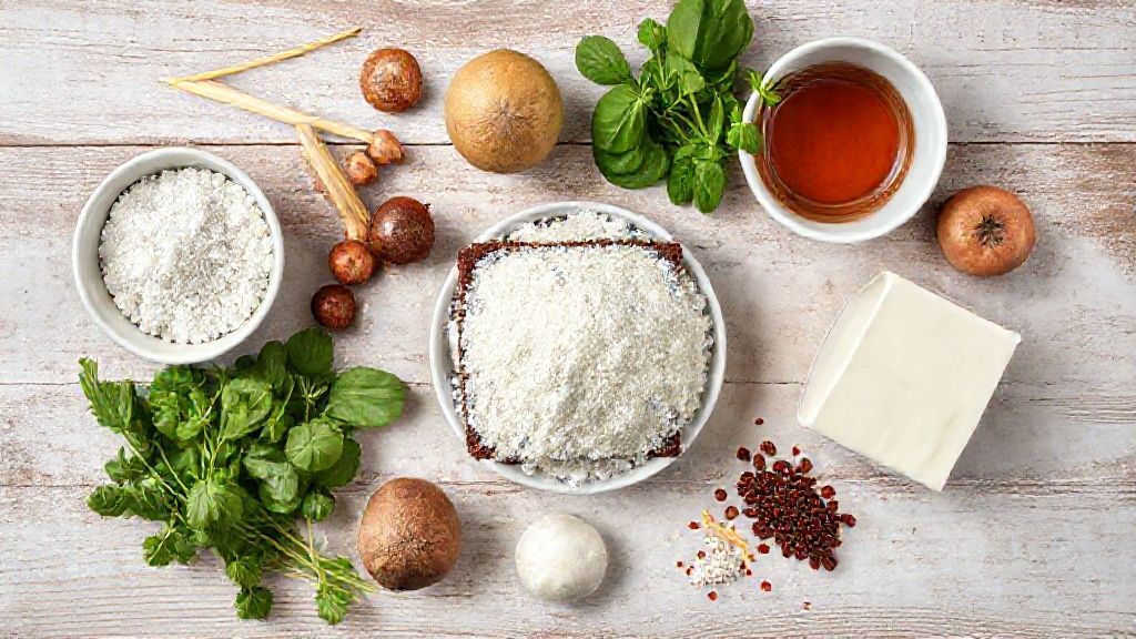 Ingredientes organizados sobre bancada rústica, incluindo cacau, ovo, óleo de coco e adoçante