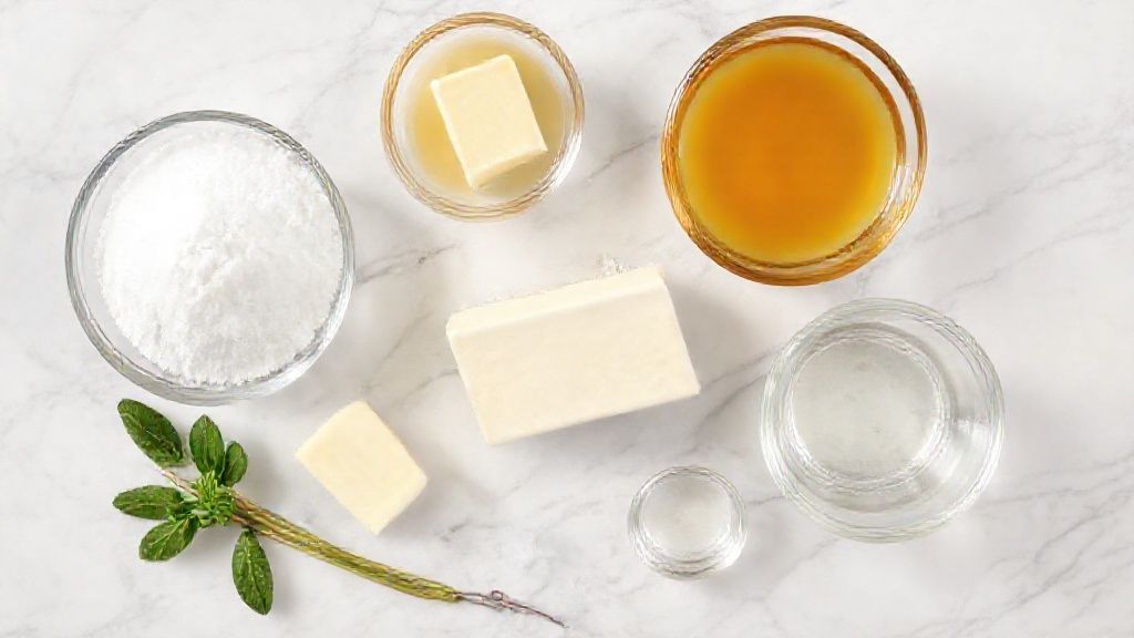 Vista de cima dos ingredientes da calda de caramelo organizados em uma bancada de mármore