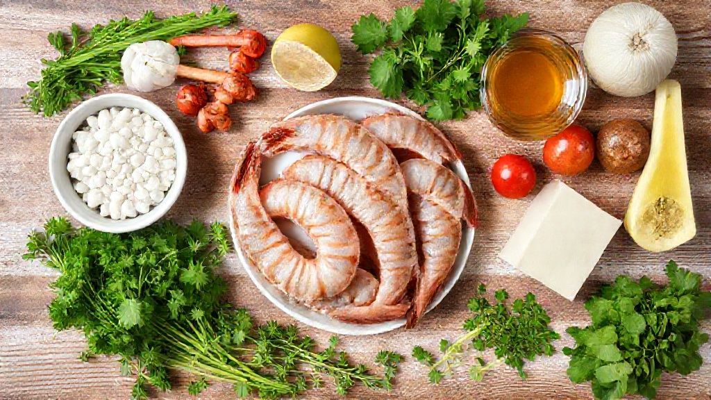 Visão de cima com camarões, alho, azeite, limão e farinha panko organizados sobre bancada de madeira