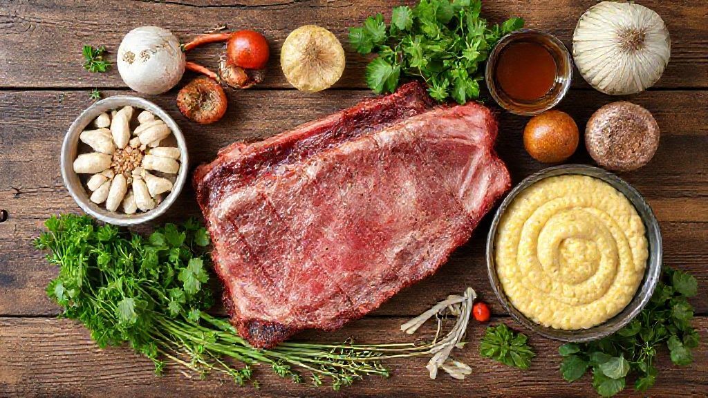 Ingredientes frescos como costelinha de porco, canjiquinha e temperos organizados sobre bancada de madeira