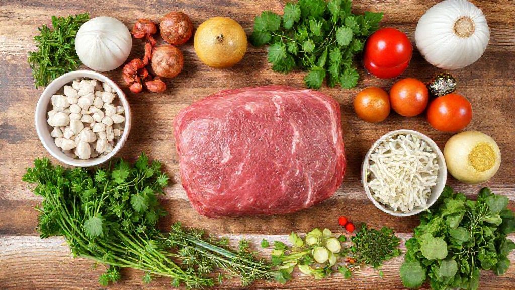 Visão de cima com os ingredientes da carne assada e do recheio dispostos em uma bancada