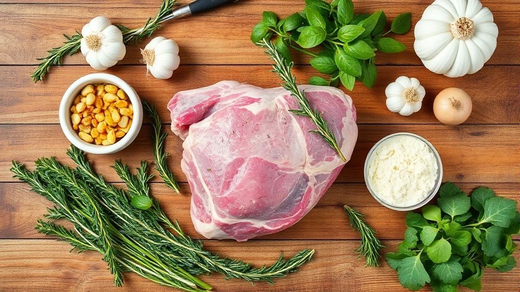 Visão de cima com o pernil de cordeiro, alho, alecrim, azeite e temperos organizados em bancada de madeira