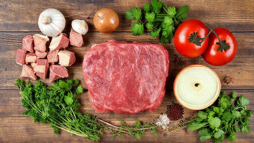 Visão de cima dos ingredientes dispostos — cubos de músculo, temperos, cebolas, tomates e ervas — em uma bancada rústica