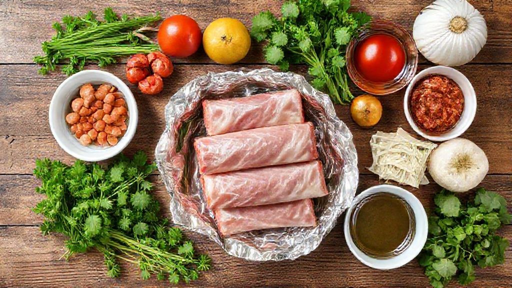Visão de cima mostrando as tiras de carne, legumes, bacon e queijo organizados em bancada de madeira.