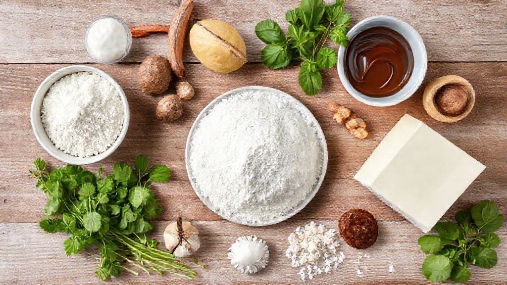 Ingredientes organizados em bancada: leite em pó, manteiga, Nutella, amido de milho e leite condensado