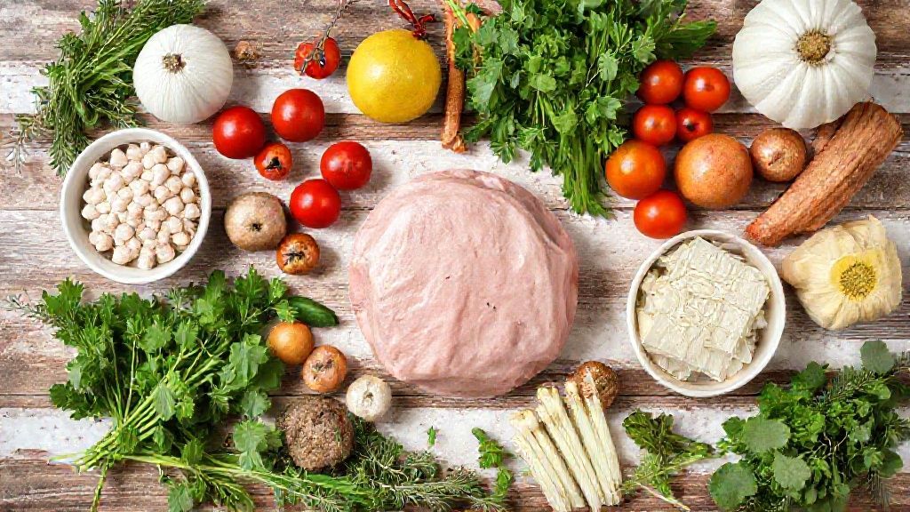 Visão de cima com os ingredientes dos pratos natalinos organizados em uma bancada