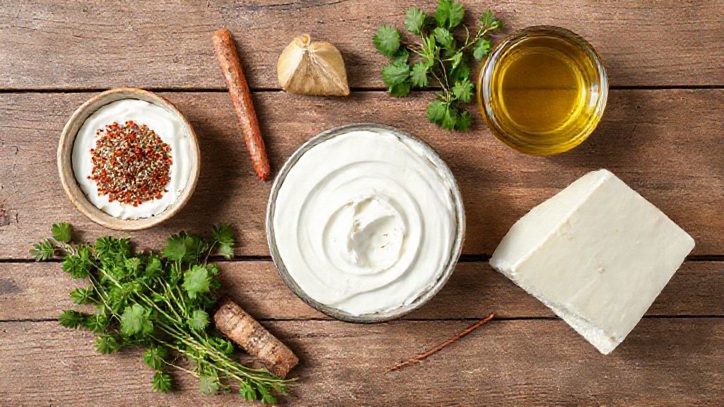 Visão de cima mostrando coalhada seca, zaatar, páprica e azeite dispostos em uma bancada rústica.