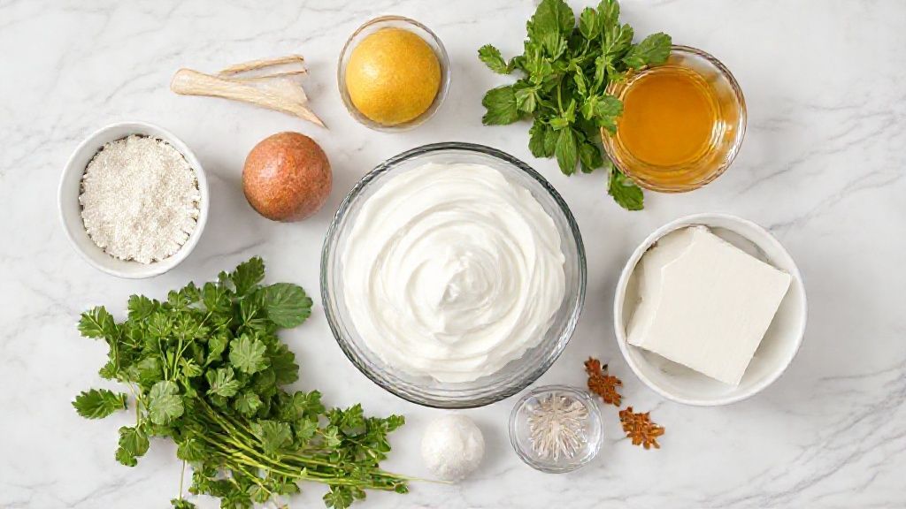 Visão de cima com creme de leite fresco, açúcar e baunilha organizados em uma bancada de mármore