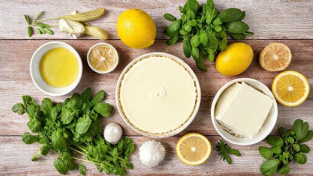 Visão de cima com os ingredientes do cheesecake de limão dispostos de forma organizada sobre bancada de mármore