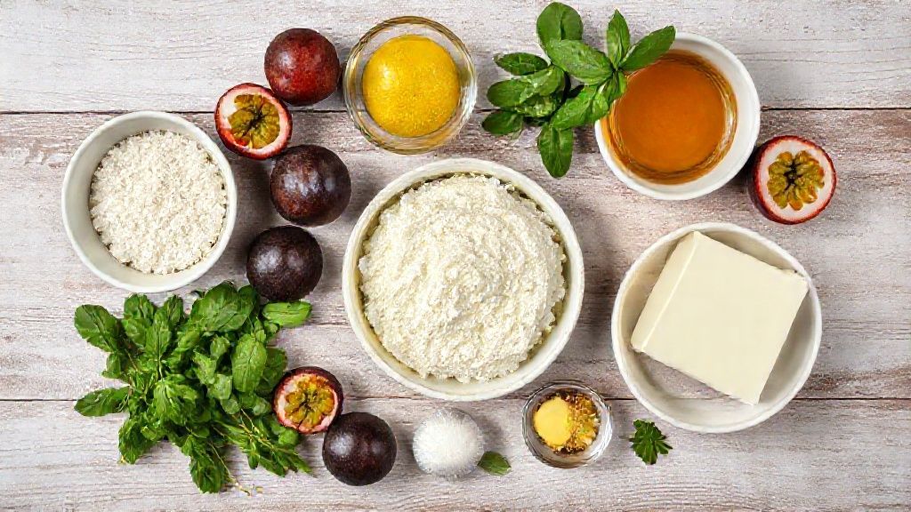 Ingredientes frescos e organizados para o preparo do cheesecake de maracujá, dispostos sobre bancada de mármore