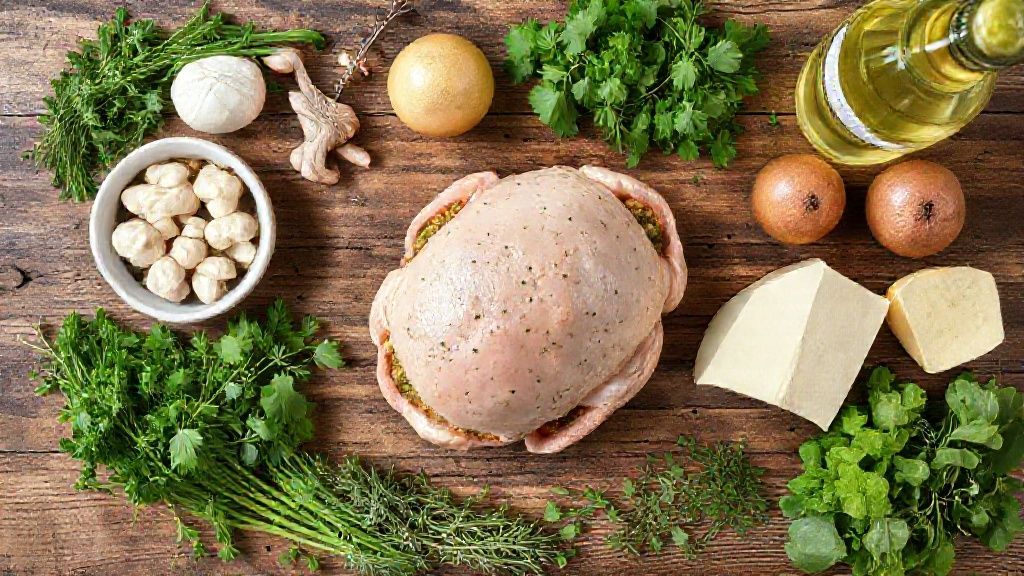 Ingredientes frescos para o chester dispostos sobre bancada: vinho branco, ervas, alho, cebola, manteiga e o chester cru pronto para marinar.