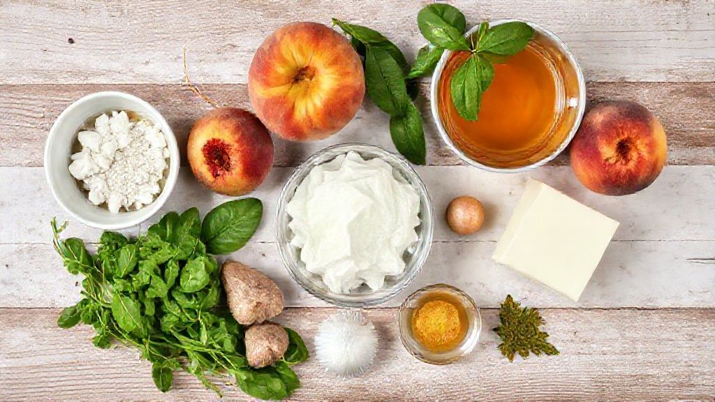 Visão de cima dos ingredientes organizados: pêssegos frescos, açúcar, limão e canela sobre bancada de madeira