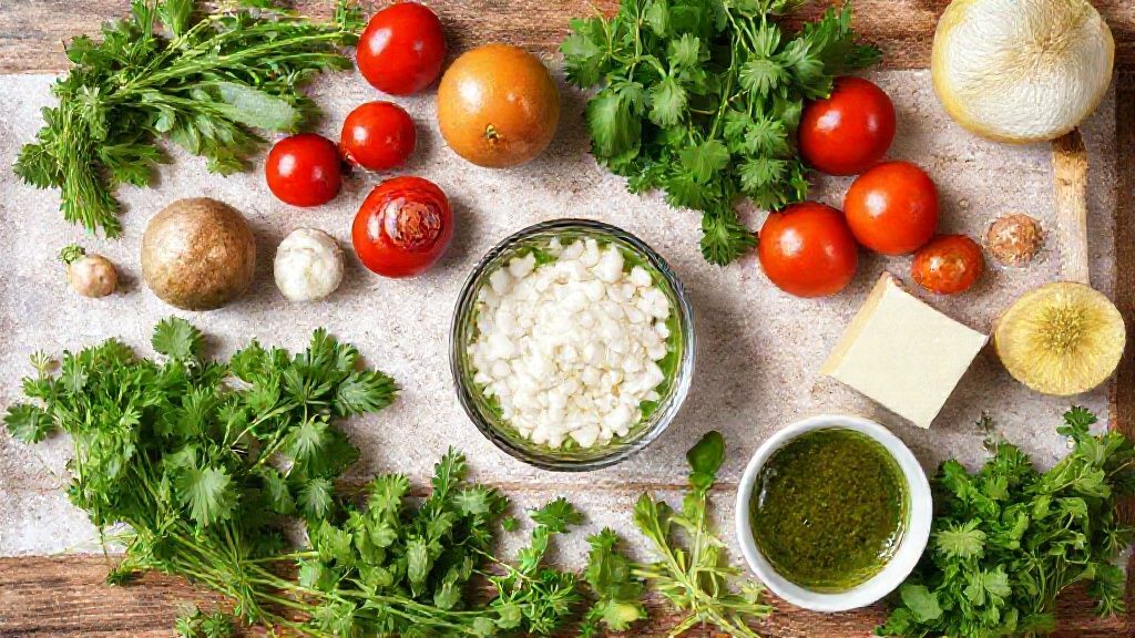 Visão de cima com os ingredientes do chimichurri organizados em uma bancada de madeira