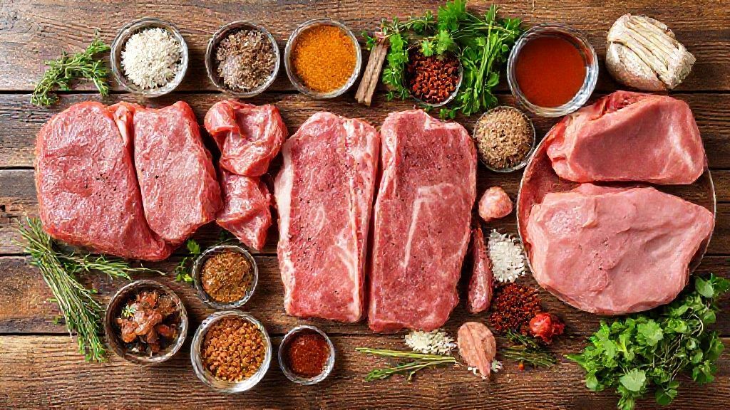 Visão de cima mostrando cortes de carne bovina, suína e aves organizados na bancada com temperos e utensílios