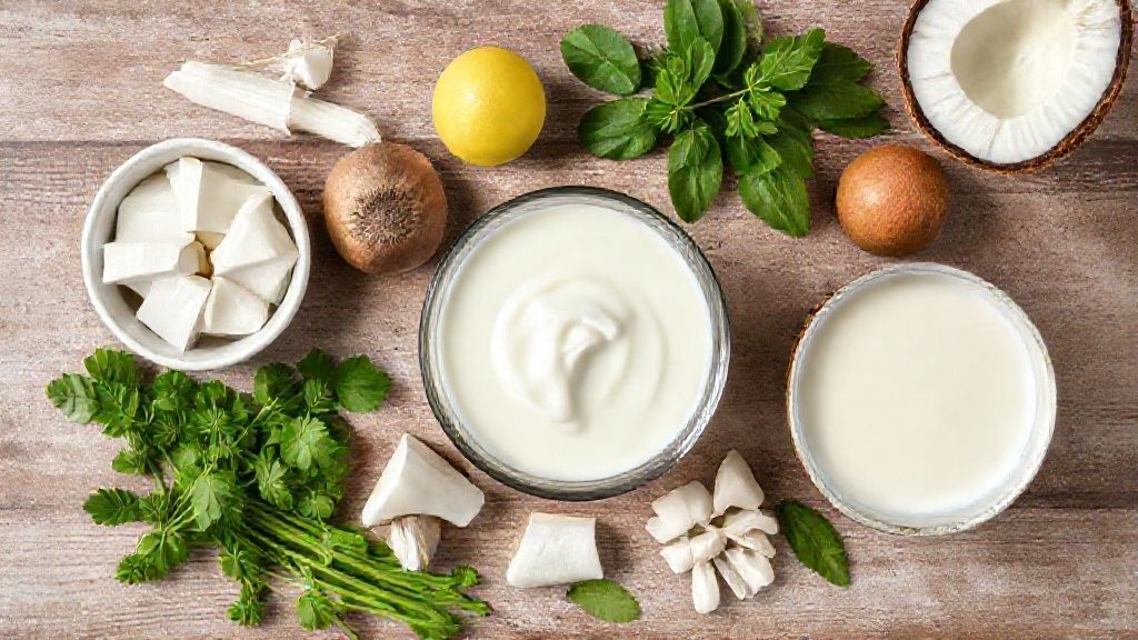 Visão de cima mostrando leite condensado, coco ralado, açúcar e leite organizados em bancada de cozinha.