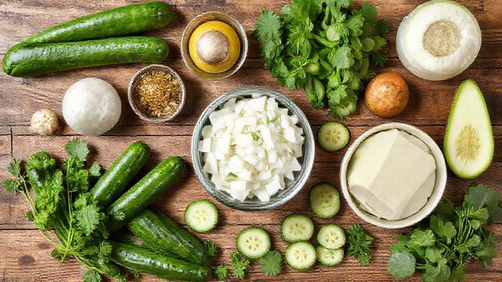 Visão de cima dos ingredientes frescos — pepinos, vinagre, açúcar, alho e especiarias — organizados em bancada de madeira