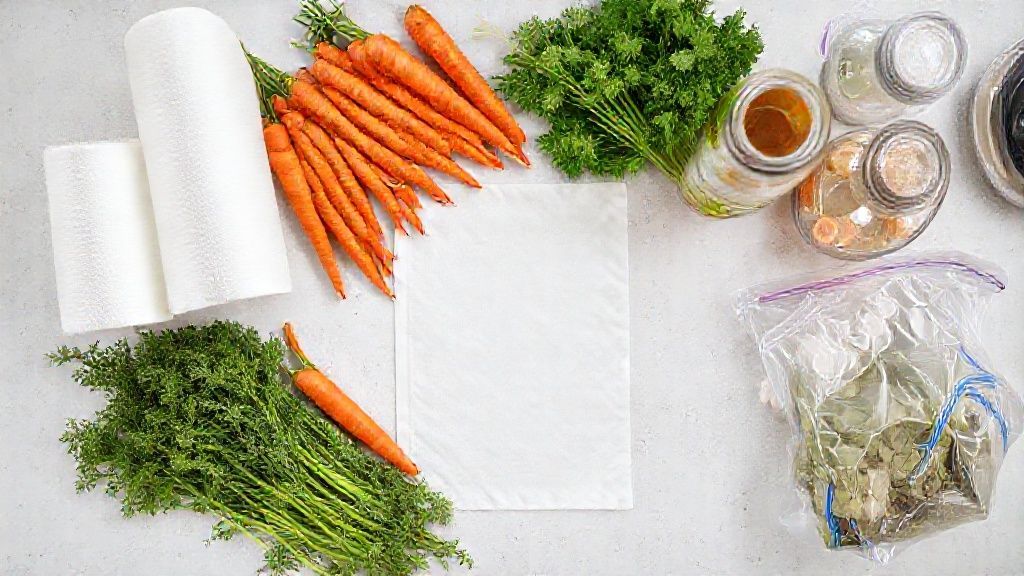 Ingredientes e materiais usados no armazenamento — cenouras, papel-toalha, potes de vidro e sacos plásticos em bancada.