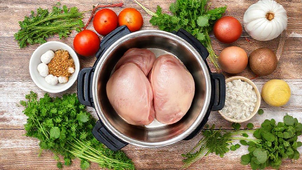 Visão de cima com os ingredientes da receita organizados em uma bancada