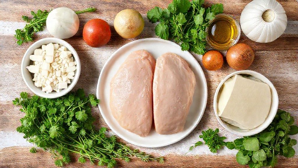 Visão de cima dos ingredientes organizados: filés de frango, presunto, queijo e itens para empanar