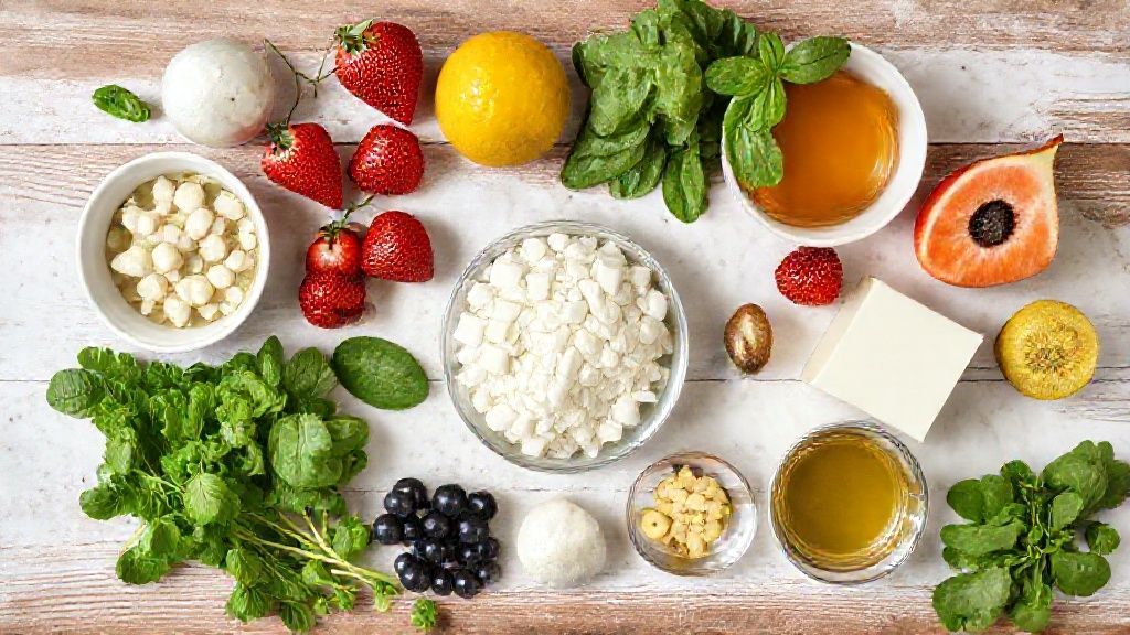 Visão de cima dos ingredientes sobre bancada — frutas variadas, mel, suco de laranja e hortelã