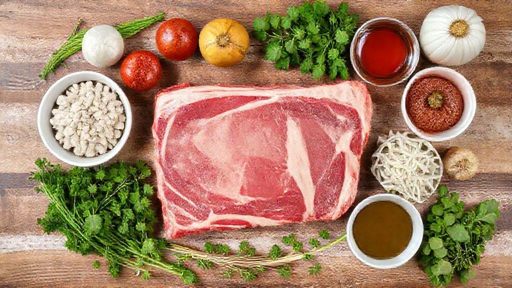 Ingredientes separados para a receita em bancada — costela bovina, temperos e ingredientes do molho barbecue
