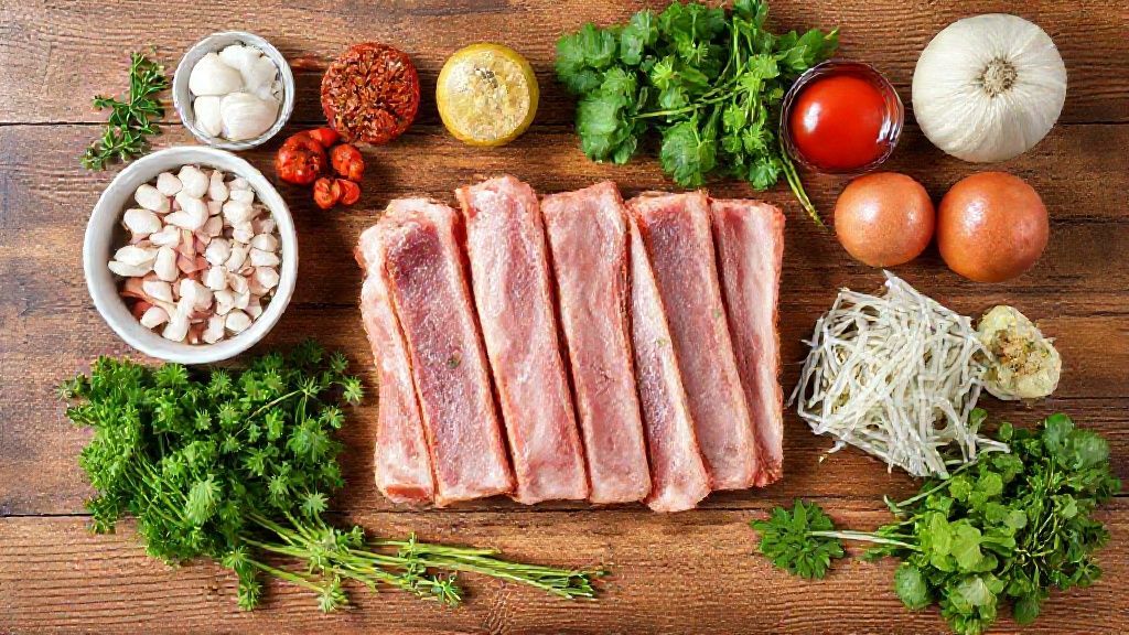 Visão de cima com os ingredientes da receita organizados sobre bancada de madeira.